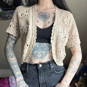 Tan crochet shawl sweater top